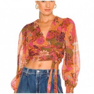 A.L.C. Samara Cropped Floral 100% Silk Wrap Boho Pink Orange Blouse XS NWT $395